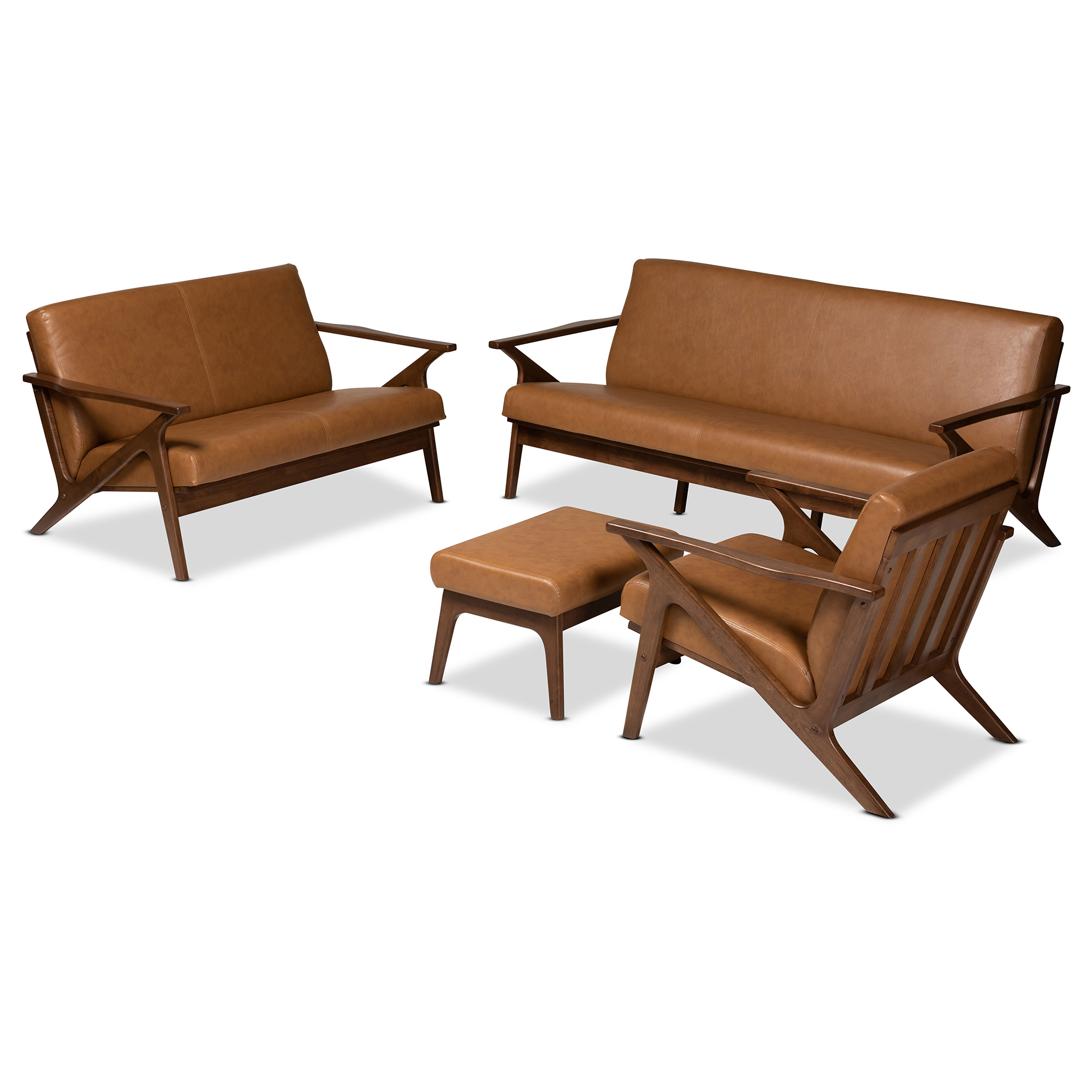 Baxton Studio Bianca Mid-Century Modern Walnut Brown Finished Wood and Tan Faux Leather Effect 4-Piece Living Room Set